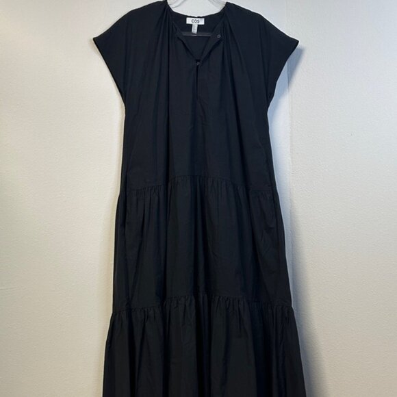 COS Tiered A-Line Maxi Dress Black Size 6 Cap Sleeves Minimalist Chic - Picture 2 of 8